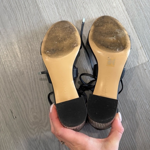 Calvin Klein Natania Black Leather Strappy Lace Up Dress Sandals Silver Heel 7 - Picture 8 of 11